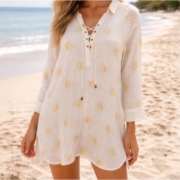 Cynthia Rowley Other - Cynthia Rowley Sun Moon Linen Blend Lace Up Beach Cover Up Dress XL White Yellow